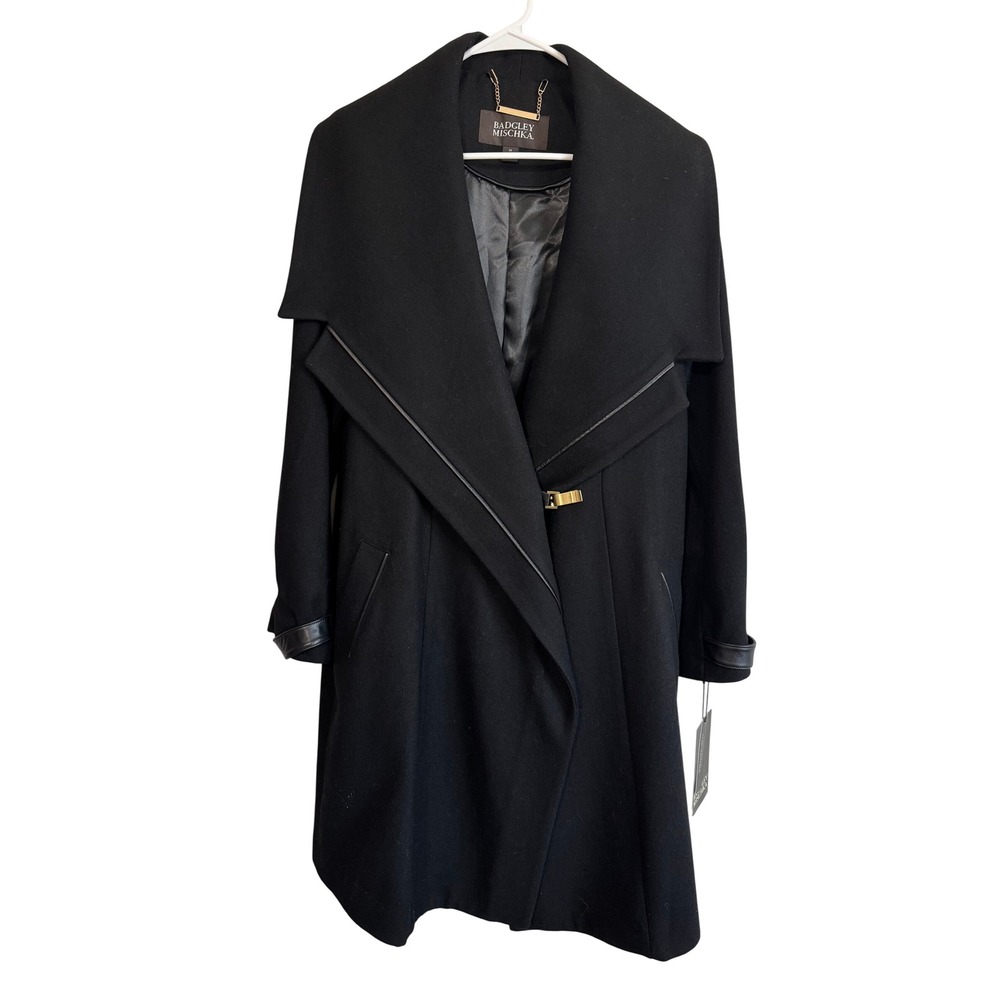 Badgley Mischka Manilla Black Wool Blend Leather Trim Coat Medium Chic Winter